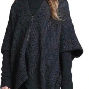 Black Vince Wool Yak  Blend Cable Knit  Oversized‎ Poncho With Zip Closure